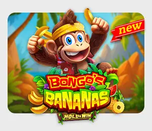 Bongo's Bananas slot game image with a tropical background and a cute monkey holding a babana in each hand