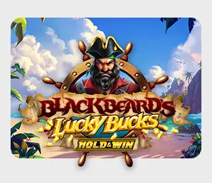 Blackbeard's Lucky Bucks slot game with a pirate infront of a beach scene and the steering wheel of the ship holding the game title which also highlights that this is a hold and win slot
