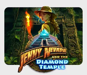 Jenny Nevada and the Diamond Temple slot game with the real-life character Jeny infront of a mysterious looking temple holding a fire tourch 