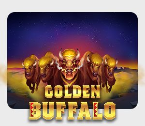 Golden Buffalo slot game with a stampede of Buffalos charging through the desert as well as the slot game title